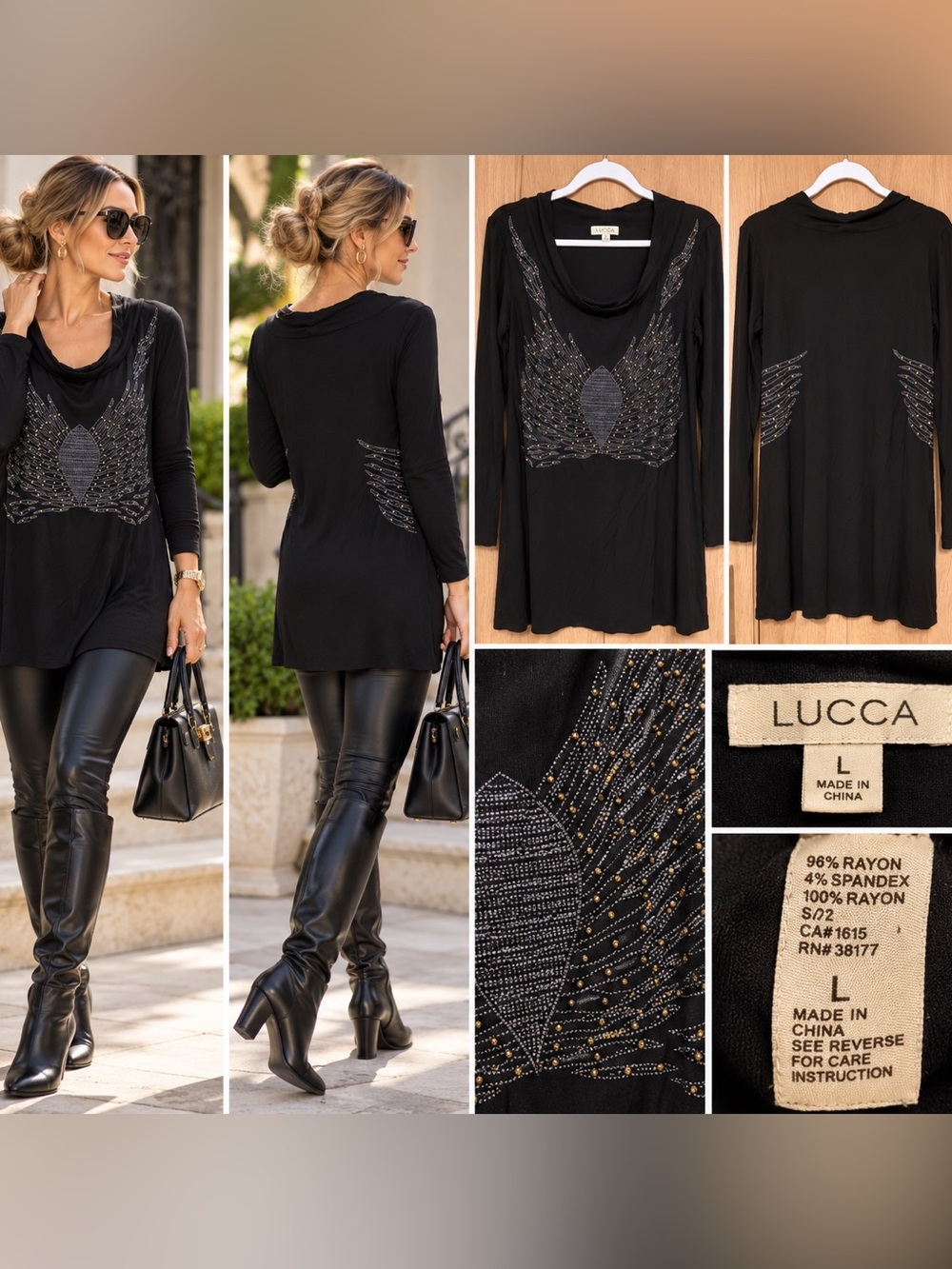 Lucca Black Long-Sleeve Embellished Cowl Neck Tunic